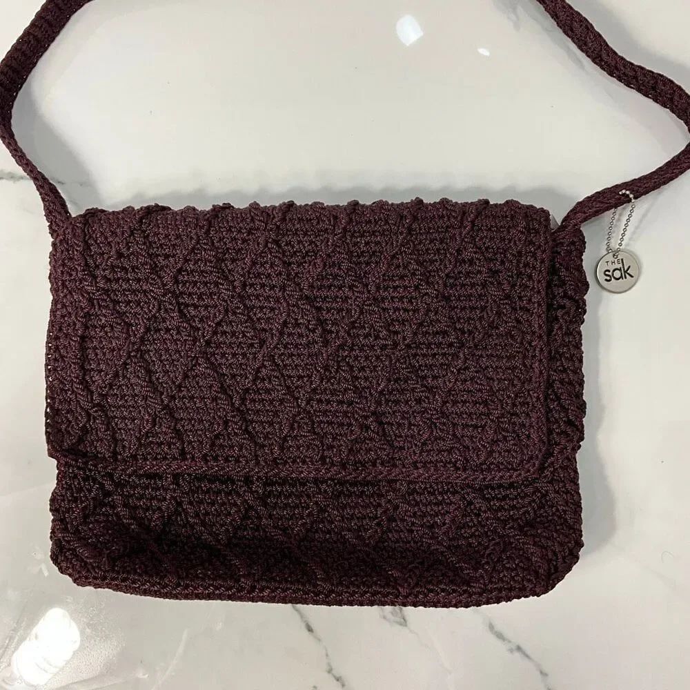 THE SAK Burgundy Crochet Diamond Pattern Shoulder Purse Bag